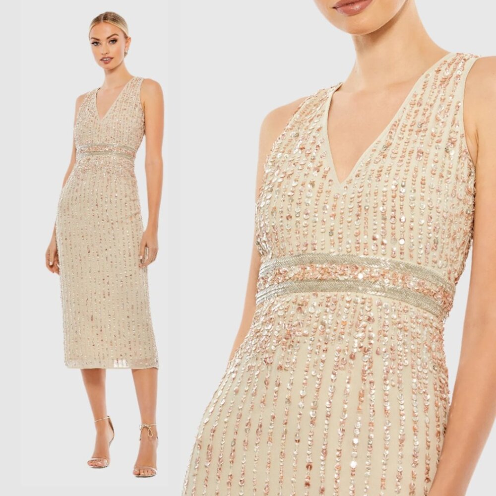 Mac Duggal 93606 Womens Size 8 Nude Sequined Sleeveless V-Neck Midi Sheath Dress